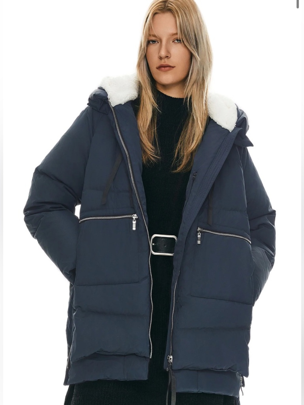 Orolay Women's Puffer Jacket in Navy with Hood & Zip Pockets w/ Orange Lining